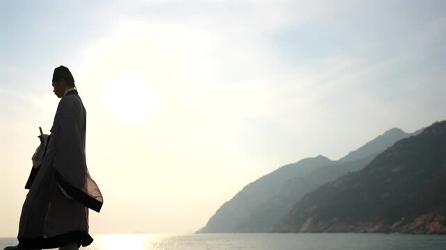 Chinese ancient scholar, Wang Yangming, Su Shi, Hanfu, Ming Dynasty, Song Dynasty, traditional Chinese costume, seaside stroll, leaning on cane, overlooking the sea