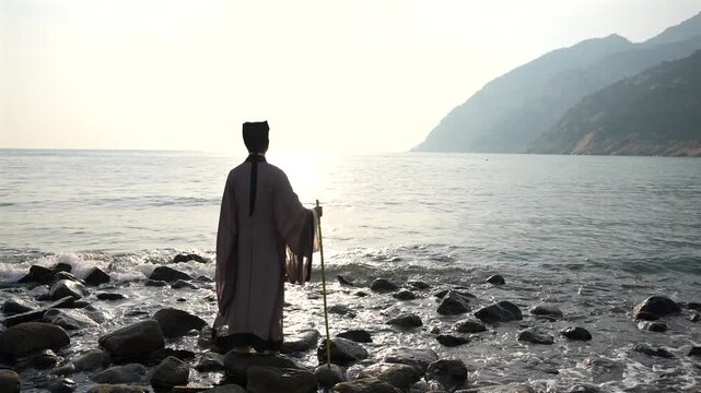Chinese ancient scholar, Wang Yangming, Su Shi, Hanfu, Ming Dynasty, Song Dynasty, traditional Chinese costume, seaside stroll, leaning on cane, overlooking the sea