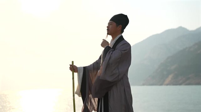 Chinese ancient scholar, Wang Yangming, Su Shi, Hanfu, Ming Dynasty, Song Dynasty, traditional Chinese costume, seaside stroll, leaning on cane, overlooking the sea