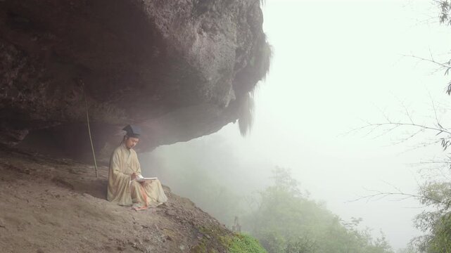 A Ming Dynasty Chinese scholar (resembling Wang Yangming) in Hanfu sits in a misty cliff cave, focused on writing with a traditional brush. A serene scene blending Chinese philosophy, cultural heritag