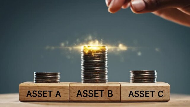 Hand placing golden coin on stack of coins representing asset growth over time, financial investment concept with sparkling lights