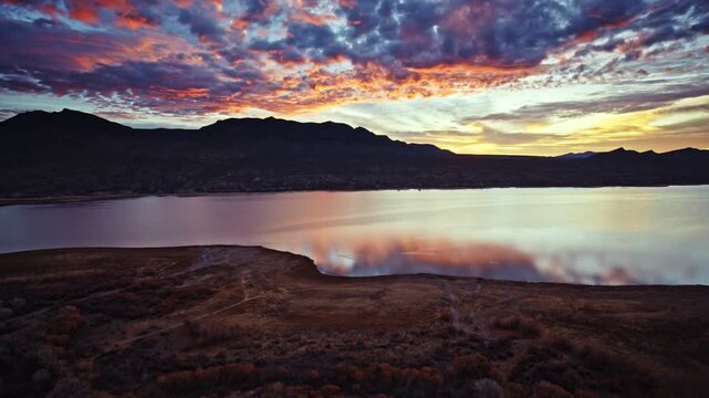 Atmospheric drone shot of sunrise lighting the landscape of Caballo Lake State Park in New Mexico.