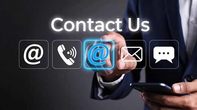 Businessman finger touches glowing blue symbol buttons showing contact us options like email phone chat on futuristic touchscreen interface