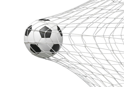 Soccer ball caught in white net close up isolated on transparent background