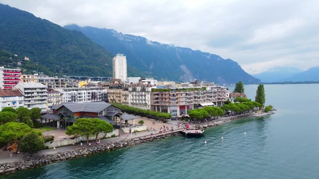 The picturesque Swiss town of Montreux situated at the foot of the Alpine peaks on the shores of Lake Geneva
