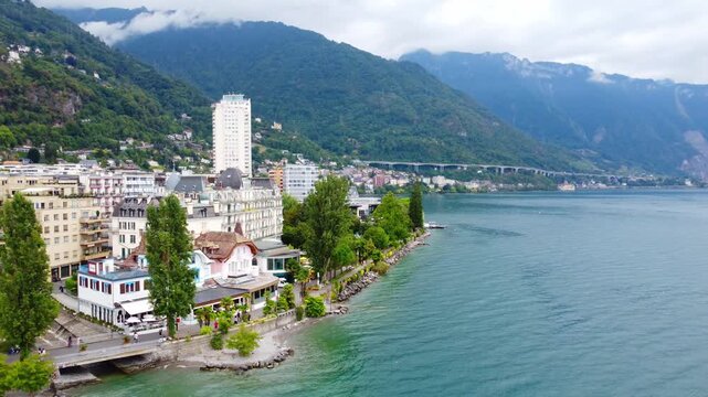 The charming Swiss town of Montreux situated at the foot of the Alpine peaks on the shores of Lake Geneva