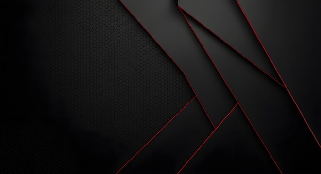 Abstract black geometric background with overlapping layers and thin red accent lines for modern design