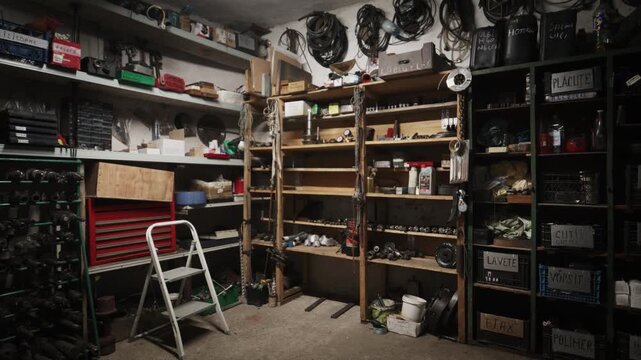 Cluttered Industrial Workshop Storage Room with Shelves and Tools