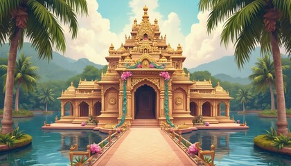 Fototapeta premium Golden temple with intricate carvings sits on water surrounded by palm trees. Floral and peacock motifs decorate ornate architecture. Lush green mountains form serene backdrop under cloudy sky.