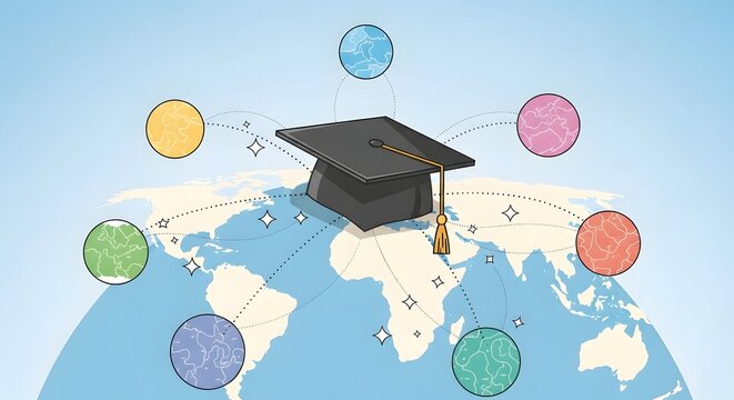 A flat design illustration featuring a graduation cap atop a world map, connected to various colorful global icons, representing international study opportunities, global networking, and worldwide edu