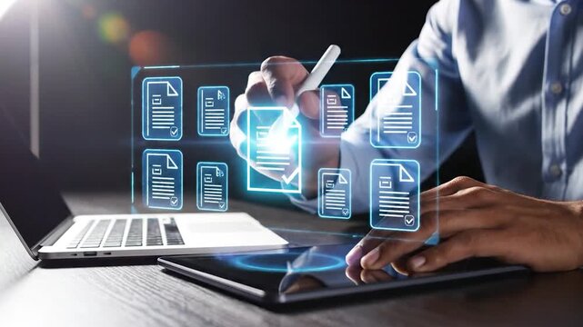 Digital document processing animated on screen with person interacting on tablet business technology online workflow concept modern office setting motion graphics