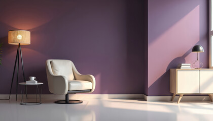 Fototapeta premium Modern living room with purple walls. Cream armchair and cabinet create a cozy minimalist space with natural light. A floor lamp and table lamp add warm ambient glow.