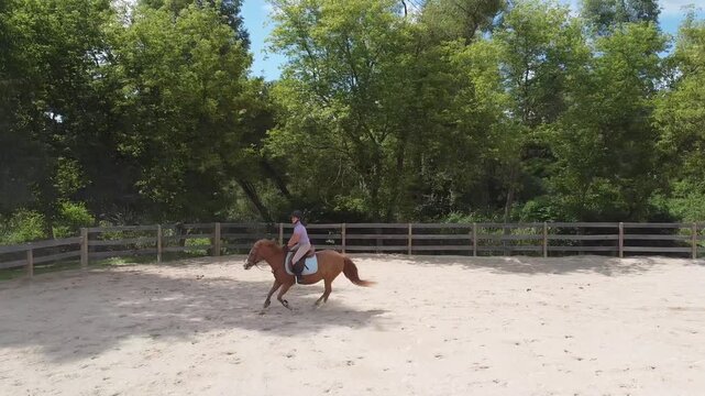 A rider on a pony jumping over a jump in an arena and riding off