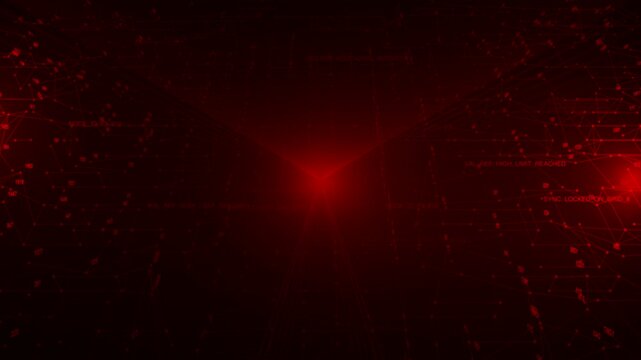 Intense red digital warning interface showing a network security breach in progress. Concepts of hacking, data theft, and emergency cyber defense.