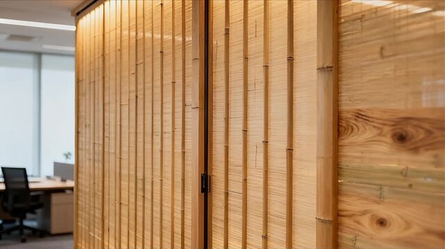 minimalist bamboo sliding room divider with natural grain texture in soft professional office light