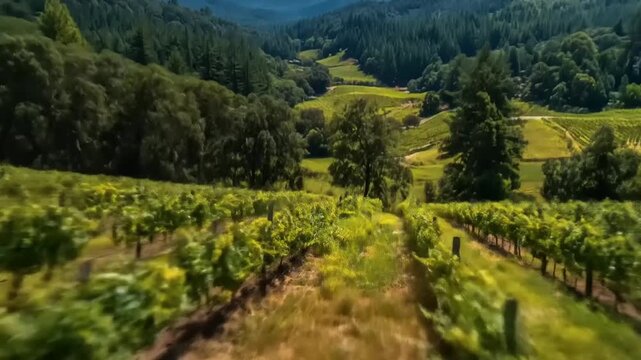 Lush vineyard rows descending into forested valley with distant mountain range under bright sky