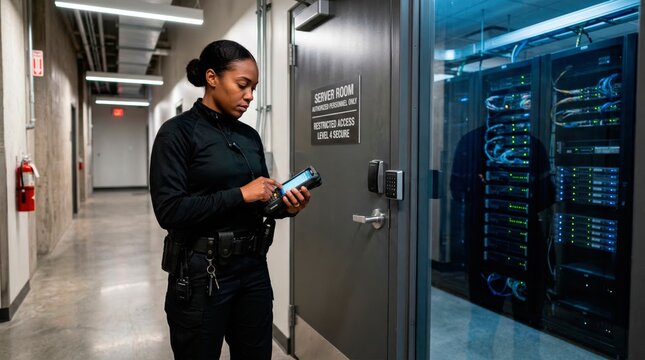 Black Female Security Officer at Data Center Door. African american woman professional stands at secure server room entrance holding device, monitoring access control.