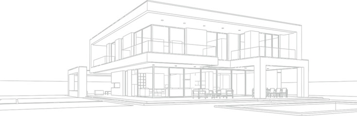 Wireframe architectural drawing of a contemporary luxury private house with multiple floors, expansive glass windows, stylish balconies, and an inviting outdoor pool.