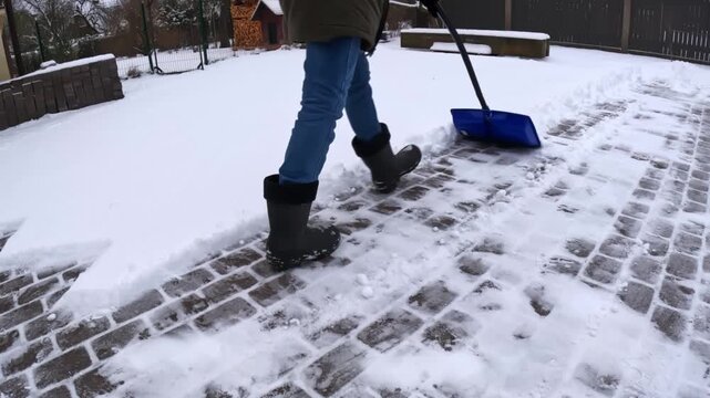 Slow-motion close-up of a blue shovel scraping powder and slush off cobblestone pavers, pushing snow aside and revealing wet stones during backyard winter cleanup.