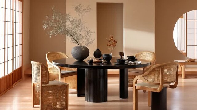 Modern Minimalist Dining Room with Natural Elements and Warm Tones