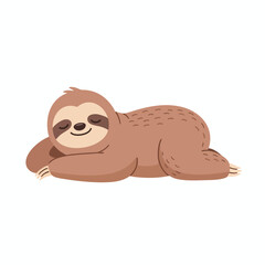 Fototapeta premium A cute, stylized, brown sloth with closed eyes rests peacefully on a white background