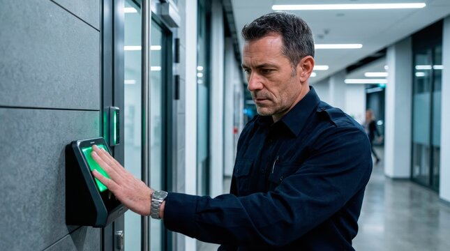 Male IT Professional Using Fingerprint Scanner at Data Center Entrance. Focused middle aged man authenticates identity with biometric fingerprint reader at secure server facility door.