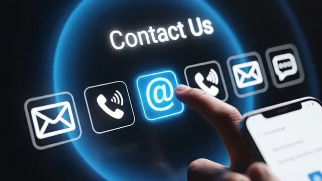 Close up finger pressing glowing email icon on touchscreen for contact us options dynamic motion with technology elements and communication symbols