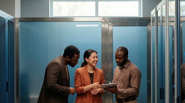 Diverse IT Team Having Positive Meeting in Data Center Office. Three multiracial colleagues, african man, asian woman and black man, smile and discuss data center project together.