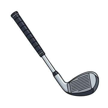 Isolated cartoon golf club, with black grip, metal shaft, and grey club head with grooves