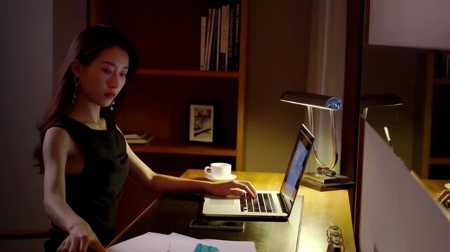 Focused busy young businesswoman typing on laptop working online, reading paperwork, concentrating on a complex diagram or data analysis. Hard-working people, overtime job and millennials concept.