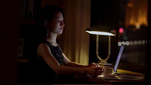 Elegant girl businesswoman feeling tired and stressed at her desk working late night amidst high-pressure deadline in front of computer. Manager assigns task after timeout of work, business management