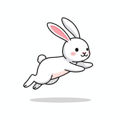 Fototapeta premium A cartoon white rabbit is jumping joyfully, with pink ears and blush marks