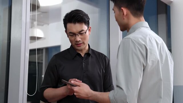 Portrait of two busines people man in office standing in front of ceiling window. Colleagues discussing work upcoming project using a tablet. Concept of teamwork, interaction, deal, cooperation