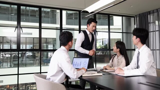 Company boss CEO or executive manager encouraging colleagues collaboration, motivation with business team talking in office together at work. Employees, boss and task delegation with laptop, document