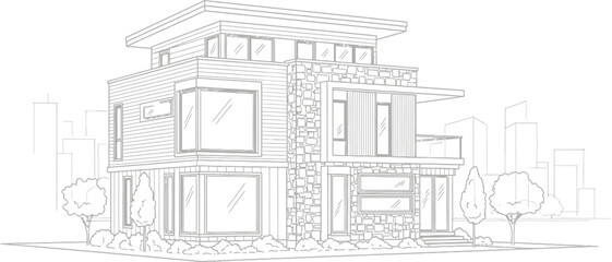 Obraz premium Black and white line art drawing showcasing a modern luxury multi-story residence exterior design blueprint style