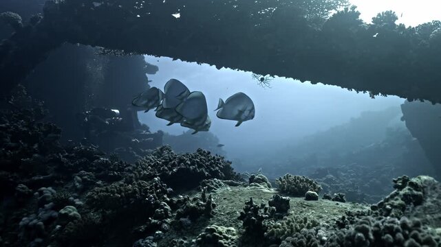 A dense school of Longfin Spadefish (Platax teira) huddles together in the shadows of the Giannis D's tilted metal beams.