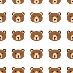 Fototapeta premium A repeating pattern of cute brown bear faces with black eyes and noses on a white background