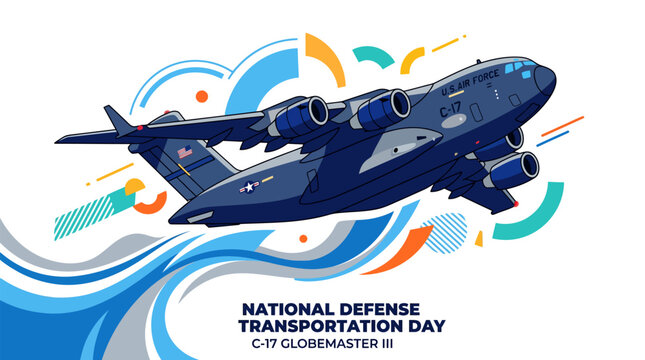 National Defense Transportation Day illustration featuring a C-17 Globemaster III military transport aircraft flying with abstract colorful background.