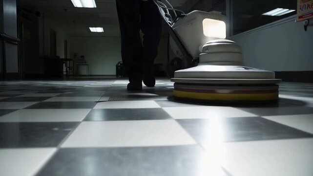 Cleaning professional scrubbing commercial tile and grout floor with industrial equipment in a busy maintenance environment showcasing dedication to cleanliness and hygiene.