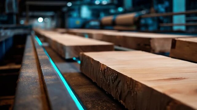 Close-up of timber planks moving along a conveyor belt in a modern wood processing facility highlighting the intricate details of industrial craftsmanship and efficiency.