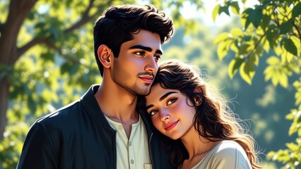 Fototapeta premium Young couple enjoys a sweet embrace in nature