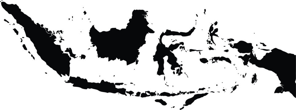 Black silhouette map of the indonesian archipelago set against a solid white background
