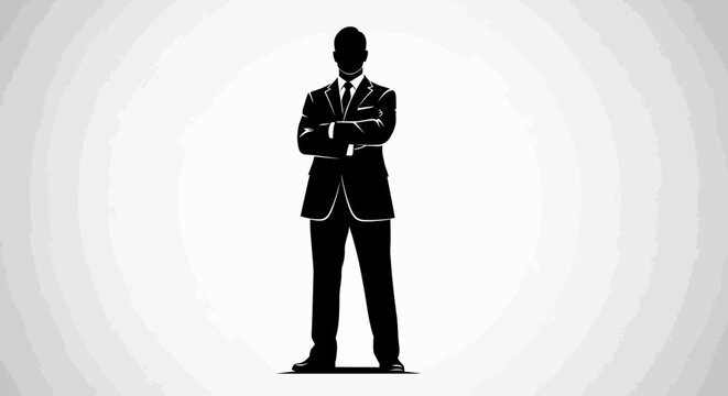 Silhouette of a confident businessman in a suit, arms crossed, standing against a gradient background.