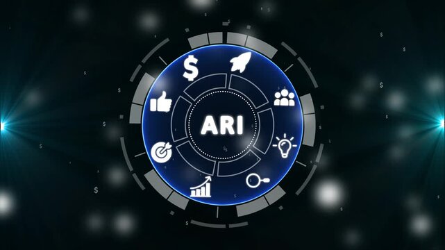 Digital circular interface displaying ARI with business icons and dollar signs Augmented Reality Interface