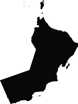 Black silhouette map of the country of oman isolated on a plain white background
