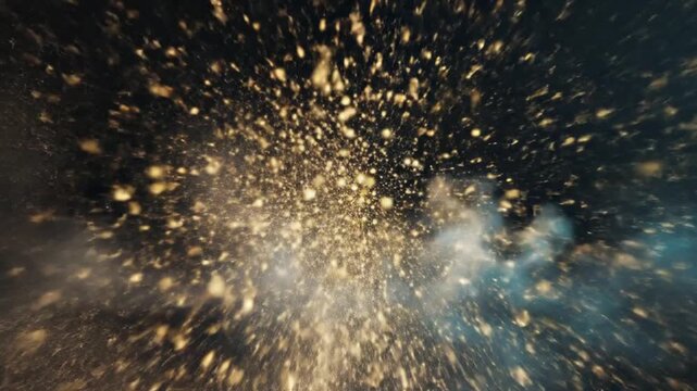 A dynamic close-up shot of gold sparks exploding in a dark background with a cinematic lighting effect and warm tones conveying a vibrant and energetic mood.