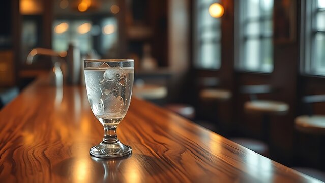 highball. Elegant wooden bar counter with a single highball glass, showcasing refined simplicity in warm lighting. bar promotions.