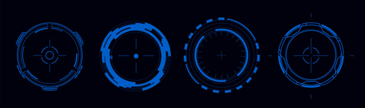 Futuristic hud circles with glowing digital frame, neon target interface, abstract vector illustrations isolated on background. High tech game screen elements for sci-fi design projects