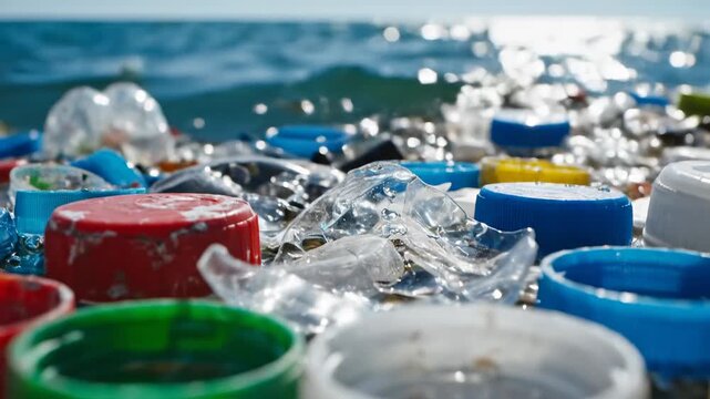 Colorful plastic bottle caps and debris floating on ocean surface, with sunlight reflecting on water, showcasing pollution in coastal environment