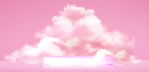 Fototapeta premium Dreamy pink cloud podium, realistic vector pastel background. 3D platform stage for beauty product display with soft mist or smoke, paradise elegant studio for presentation, cosmetic showcase.